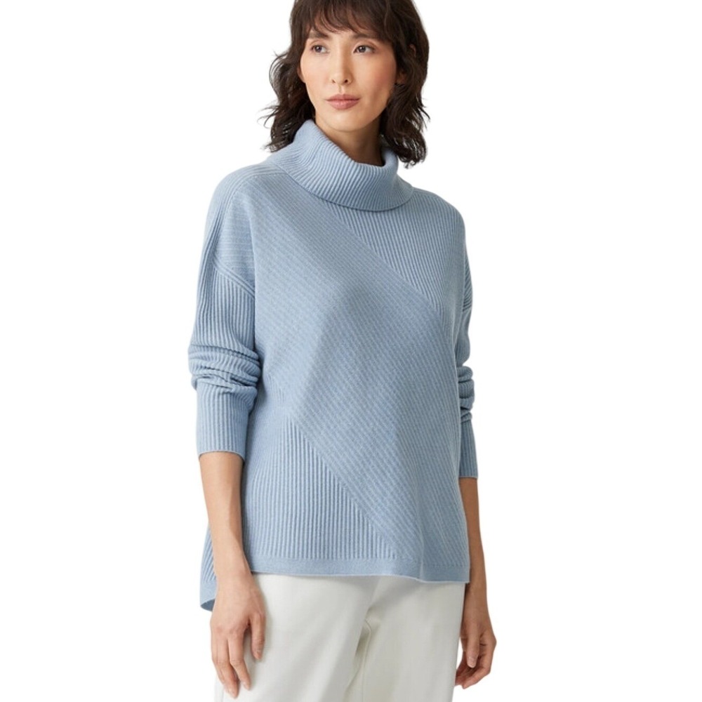 Eileen Fisher Womens Light Blue 100% Cashmere Ribbed Turtleneck Sweater Large